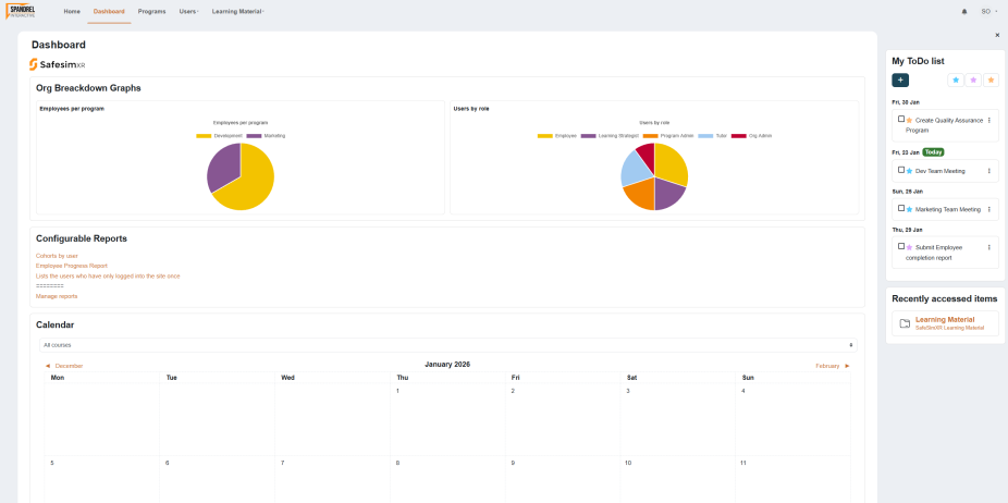 Corbel LMS admin dashboard showing org breakdown graphs, configurable reports, and calendar view